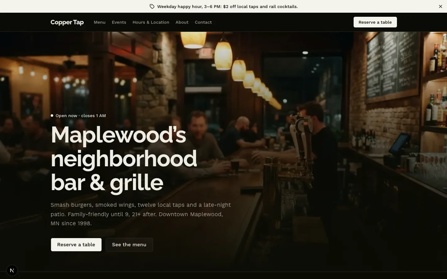 Copper Tap, a bar and grill website made from a Launch template